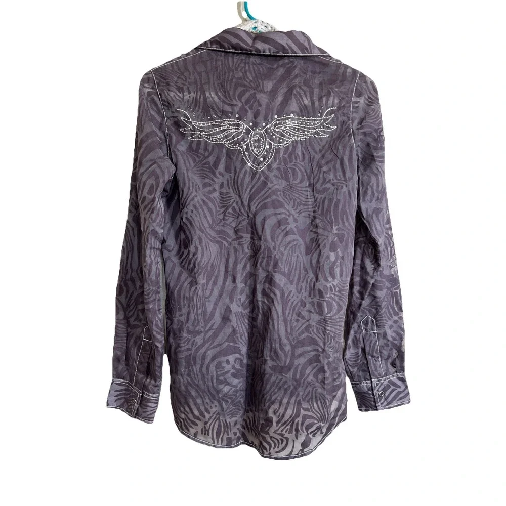 Wrangler Rock 47 Small Western Button-Up‎ Sheer Purple Print Silver embroidery,